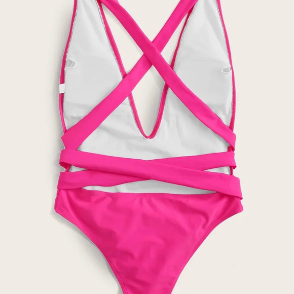 Hot Pink Sexy Women's Beach Open Back Self Tie One Piece Swimsuit - Picture 2 of 7